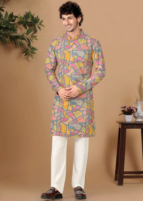 Grey Cotton Kurta Pajama With Printed Work