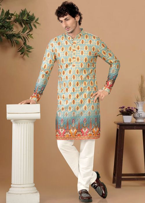Sky Blue Printed Cotton Kurta Pajama Set