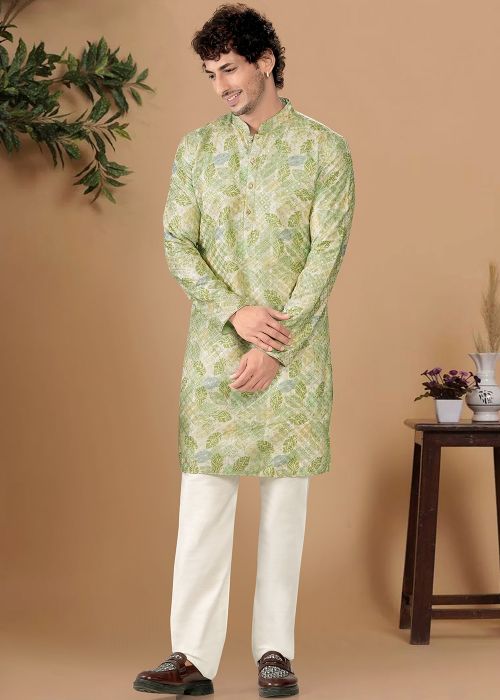 Pista Green Printed Cotton Kurta Pajama Set