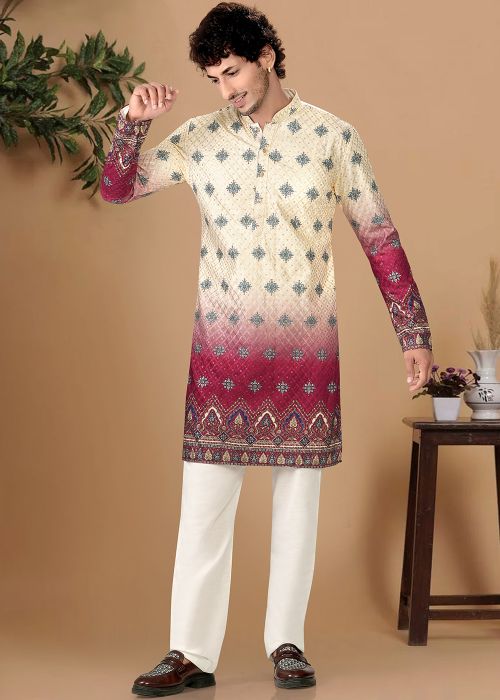 Cream Ombre Printed Cotton Kurta Pajama Set