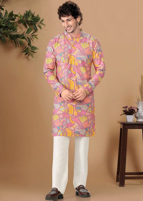 Pink Printed Cotton Men Kurta Pajama