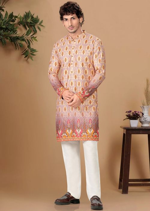 Shaded Purple Embroidered Cotton Kurta Pajama
