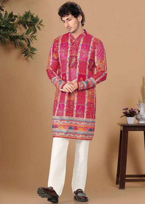 Pink Print Cotton Kurta Pajama Set