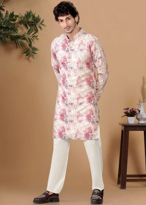 Cream Printed Cotton Kurta Pajama Set