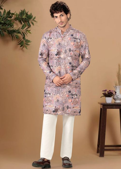Purple Printed Cotton Kurta Pajama Set