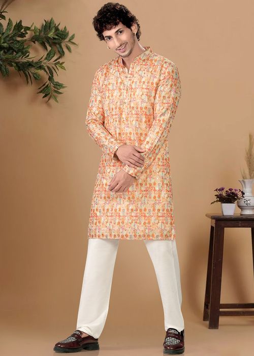 Peach Printed Cotton Kurta Pajama Set