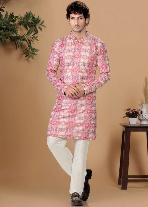Pink Print Work Cotton Kurta Pajama