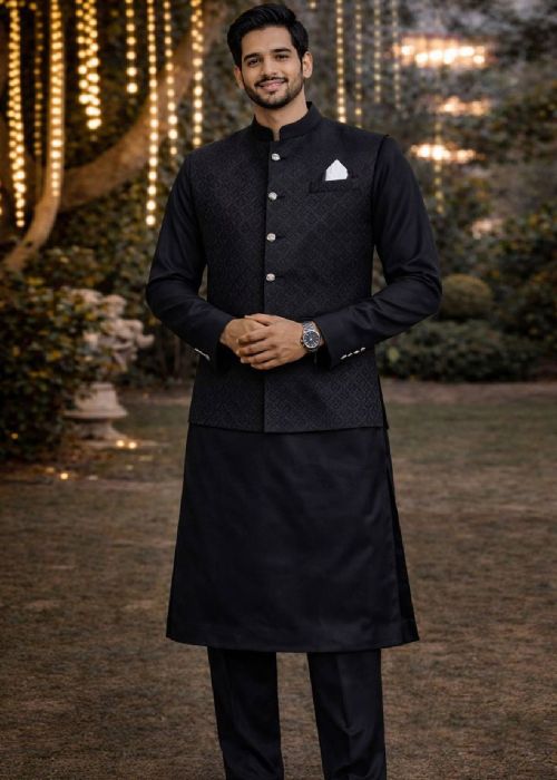 Black Satin Kurta Set With Textured Jacket