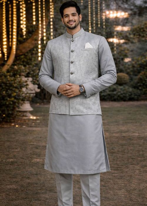 Steel Grey Kurta Pajama With Woven Nehru