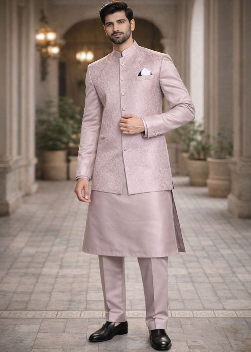 Blush Pink Kurta Set With Jacquard Jacket