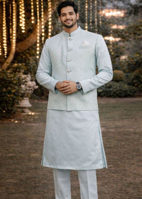 Powder Blue Satin Kurta With Woven Jacket