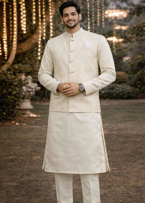 Cream Kurta Pajama Set With Jacquard Nehru