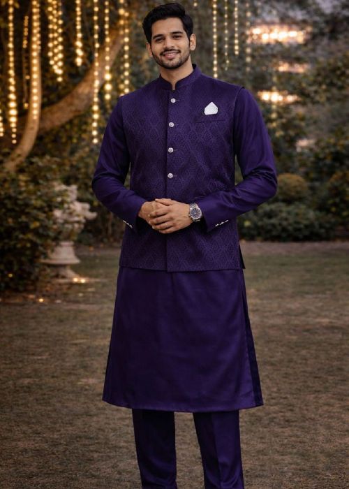 Royal Purple Kurta Set With Woven Jacket