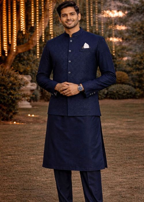 Navy Blue Satin Kurta Pajama With Textured Nehru
