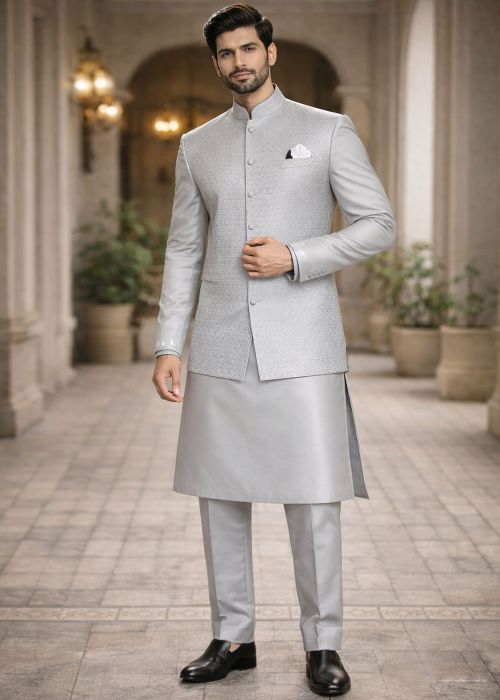 Grey Kurta Pajama With Jacquard Jacket
