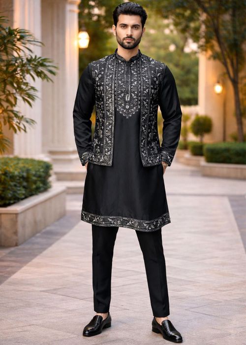 Black Viscose Kurta Pajama With Floral Jacket