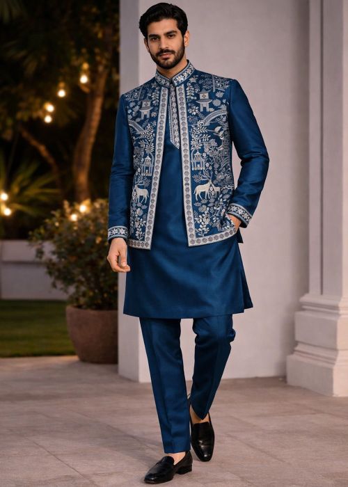 Teal Blue Viscose Kurta Pant With Thread Jacket