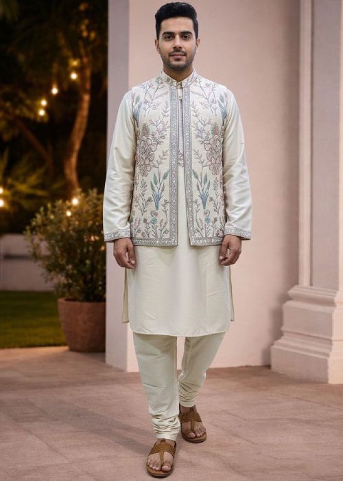 Cream Viscose Kurta Pajama With Embroidered Jacket