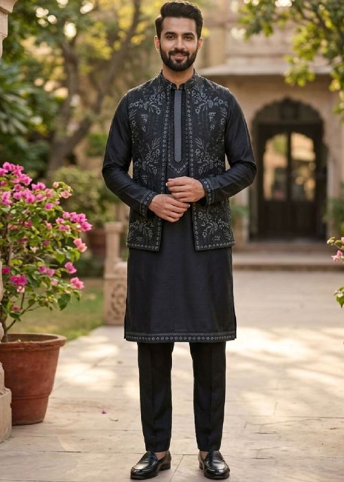 Black Viscose Kurta Pant With Thread Nehru Jacket