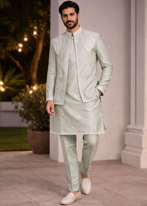 Pastel Green Viscose Kurta Pajama With Nehru Jacket