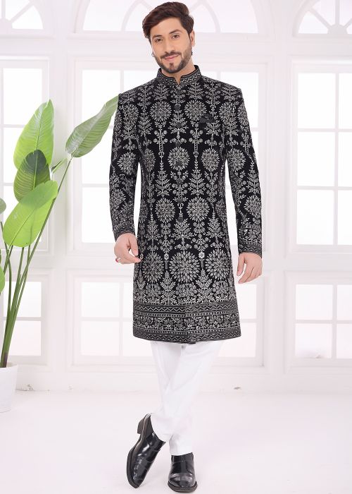 Black Velvet Sherwani Set With Silver Thread Work