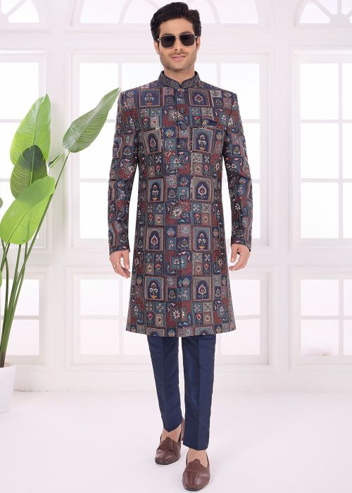 Navy Blue Art Silk Sherwani Set With Sequins Accent
