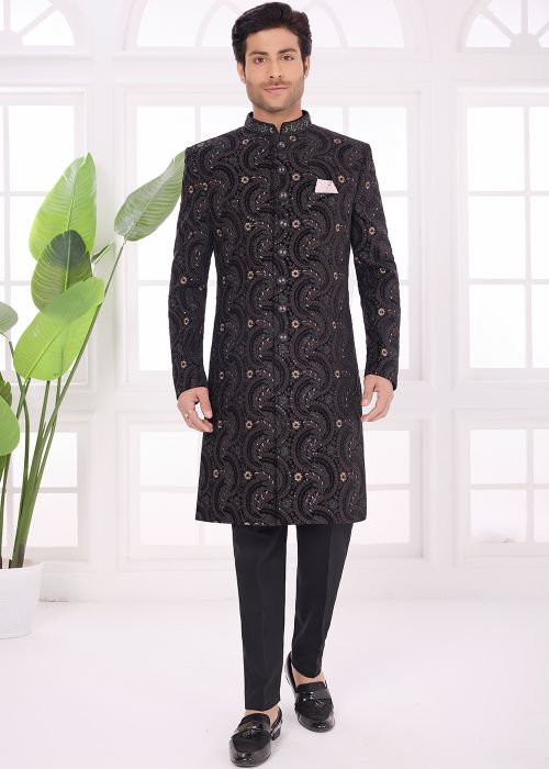 Black Velvet Sherwani Set With Paisley Embroidery