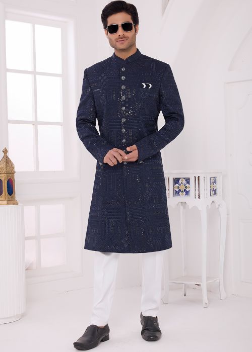 Navy Blue Art Silk Sherwani Set With Sequins Embroidery