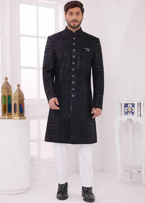 Black Art Silk Sherwani Set With Embroidery Work