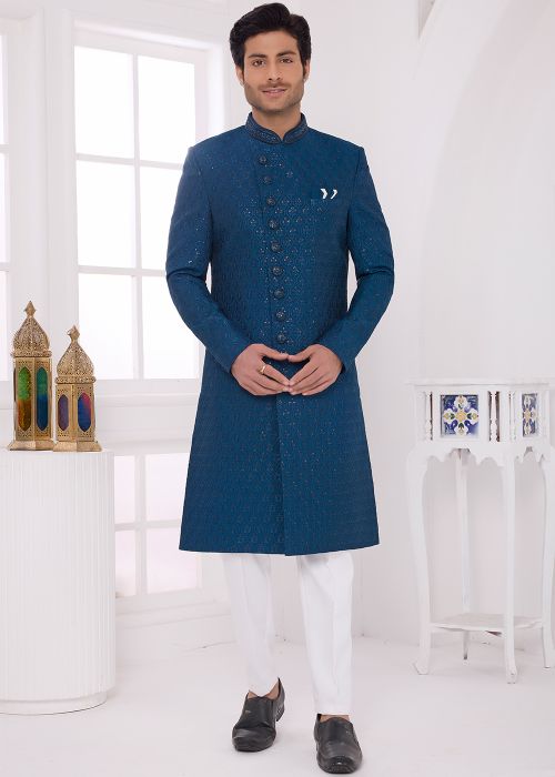 Teal Blue Sherwani Set With Embroidered Motifs