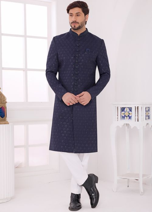Navy Blue Art Silk Sherwani Set With Subtle Pattern