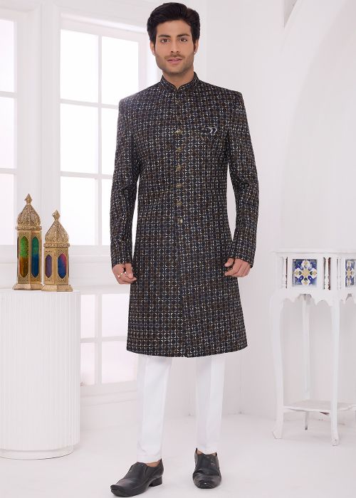 Black Art Silk Sherwani Set With Thread Work