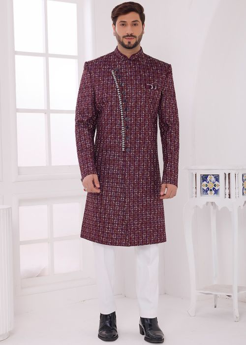 Wine Art Silk Sherwani Set With Sequins Work