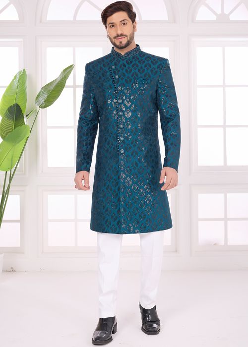 Teal Green Art Silk Sherwani Set With Sequins Work