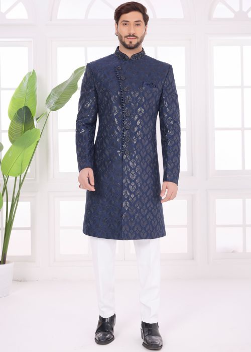 Navy Blue Art Silk Sherwani Set With Thread Detail