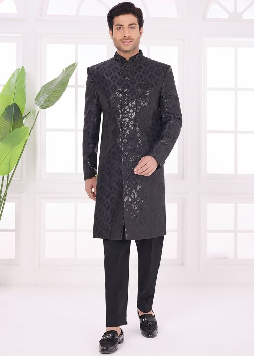 Black Art Silk Sherwani Set With Sequins Highlight