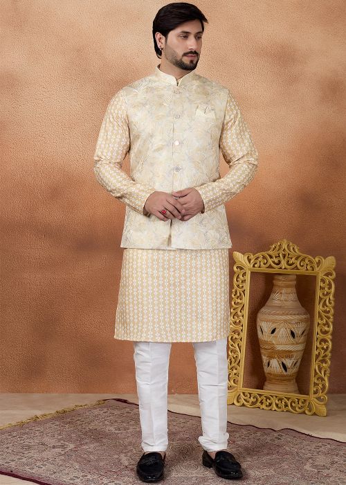 Golden Kurta Pajama With Woven Floral Jacket