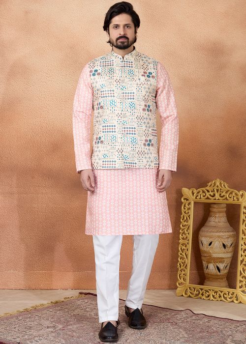 Peach Kurta Pajama With Woven Nehru Jacket