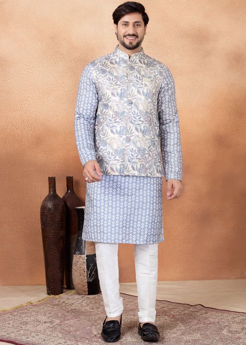 Grey Kurta Pajama With Floral Nehru Jacket