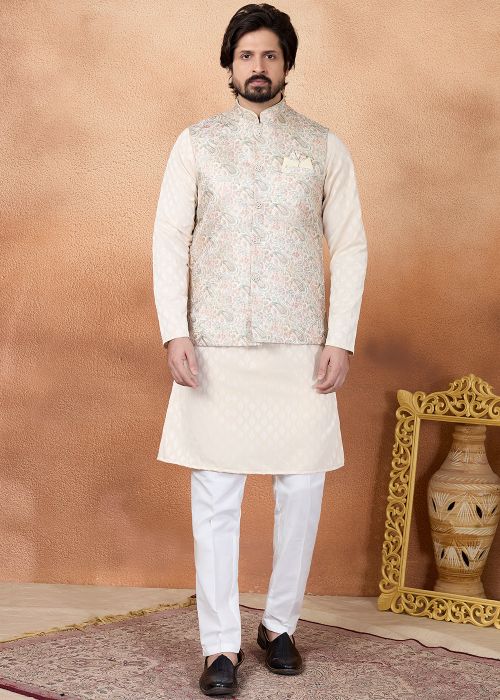 Cream Kurta Pajama With Nehru Jacket