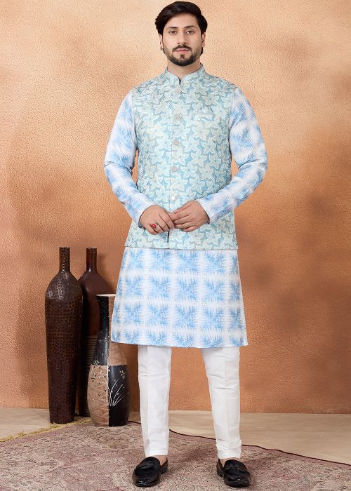 Sky Blue Kurta Pajama With Floral Nehru Jacket