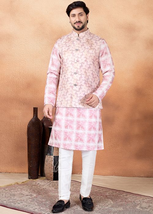 Pink Kurta Pajama With Floral Nehru Jacket