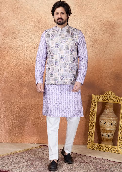 Lavender Kurta Pajama With Woven Nehru Jacket