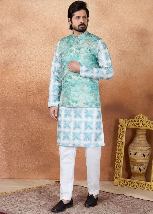 Mint Green Kurta Pajama With Woven Jacket