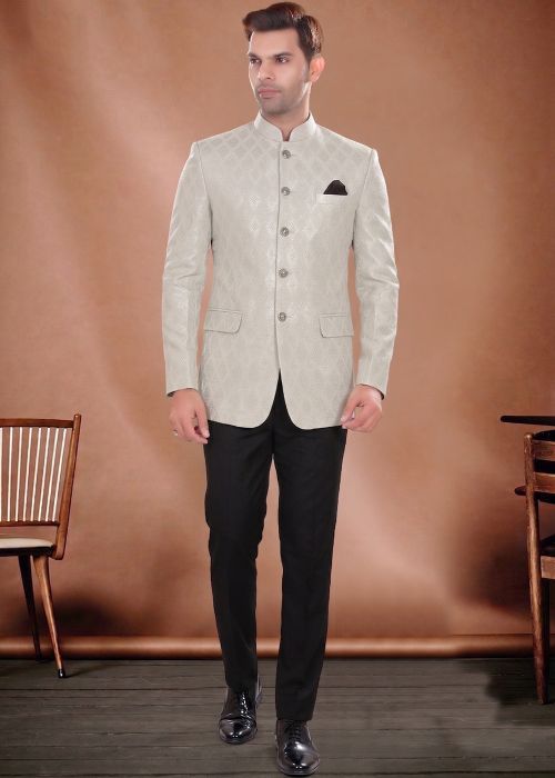 Beige Woven Jacquard Bandhgala Jodhpuri Suit