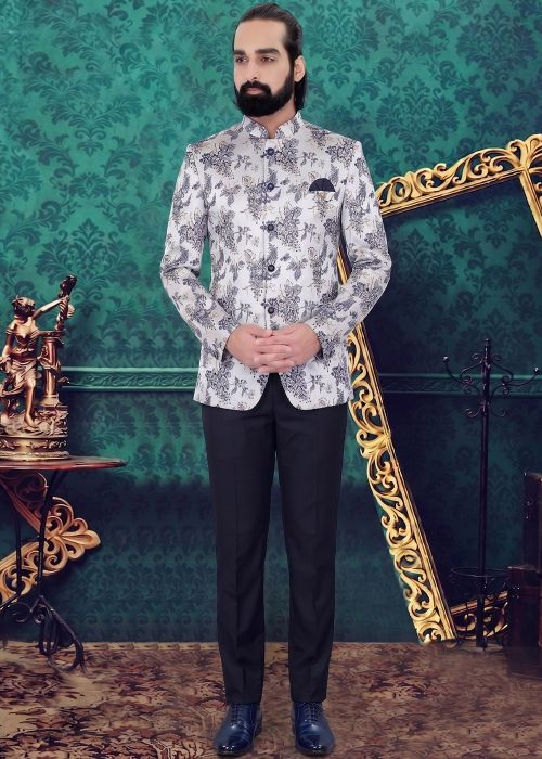 Grey Floral Jacquard Bandhgala Suit