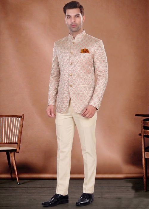 Peach Jacquard Bandhgala Jodhpuri Suit