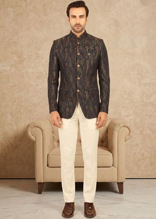 Brown Textured Woven Jacquard Bandhgala Suit