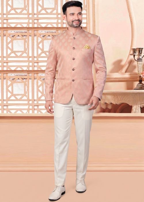 Pink Jacquard Bandhgala Suit With Golden Motifs