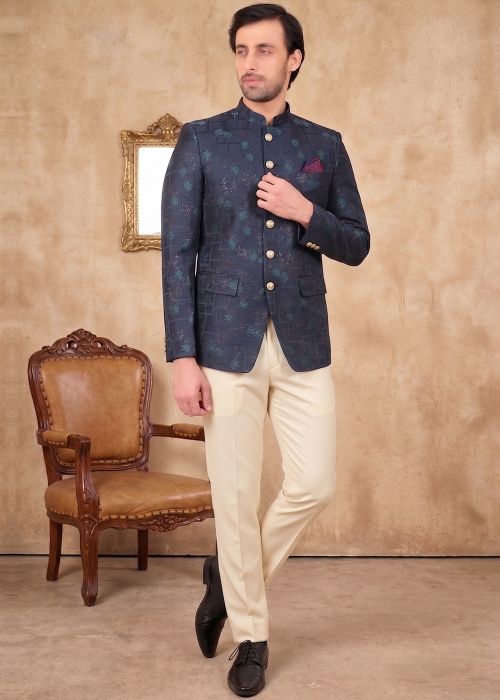 Navy Blue Jacquard Bandhgala Suit With Woven Motifs